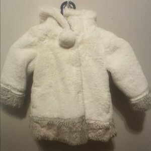 Cream Faux Fur Hooded Coat with Contrasting Trim